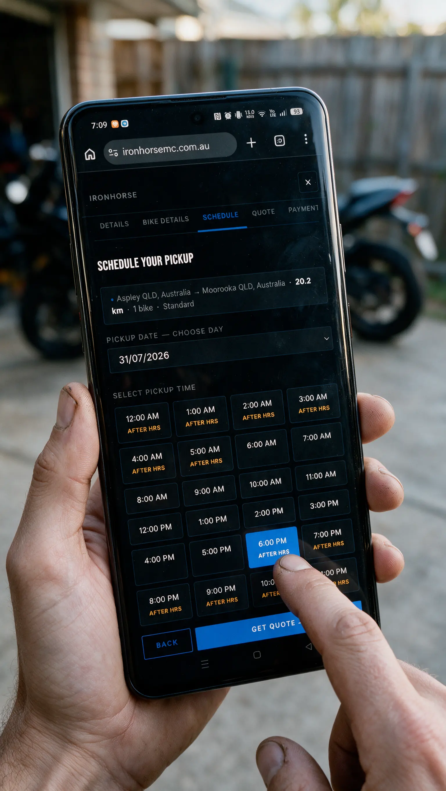 The Iron Horse booking flow on a phone, choosing a pick-up time