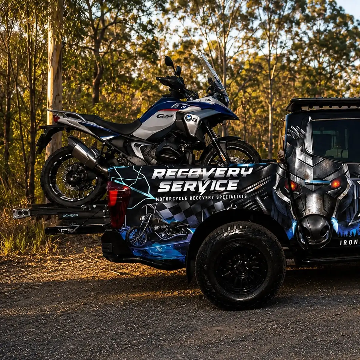 Off-road motorcycle recovery in dense bushland